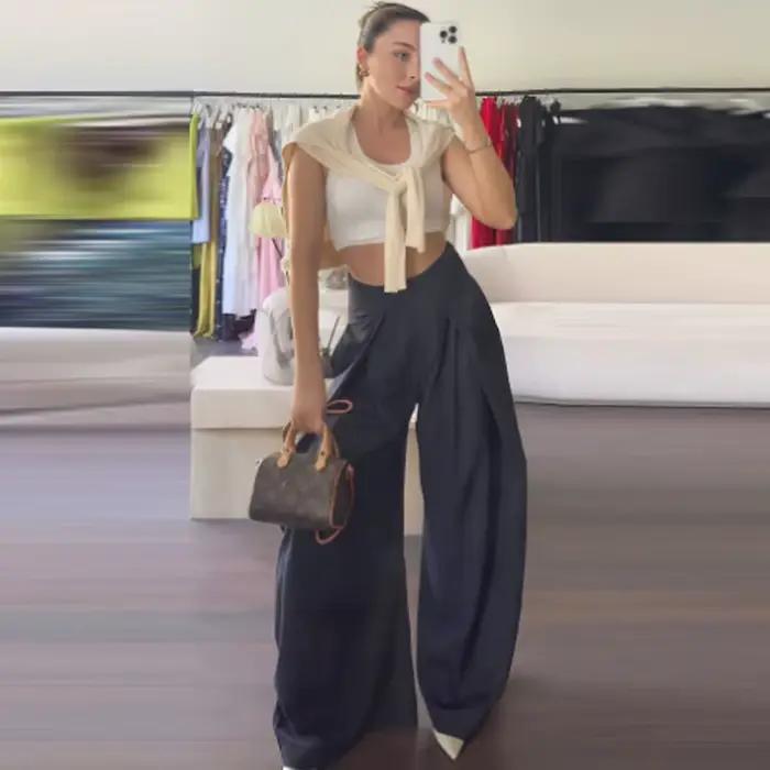 HXAO pruhované baggy nohavice pre ženy jeseň 2025 elegantné plisované široké