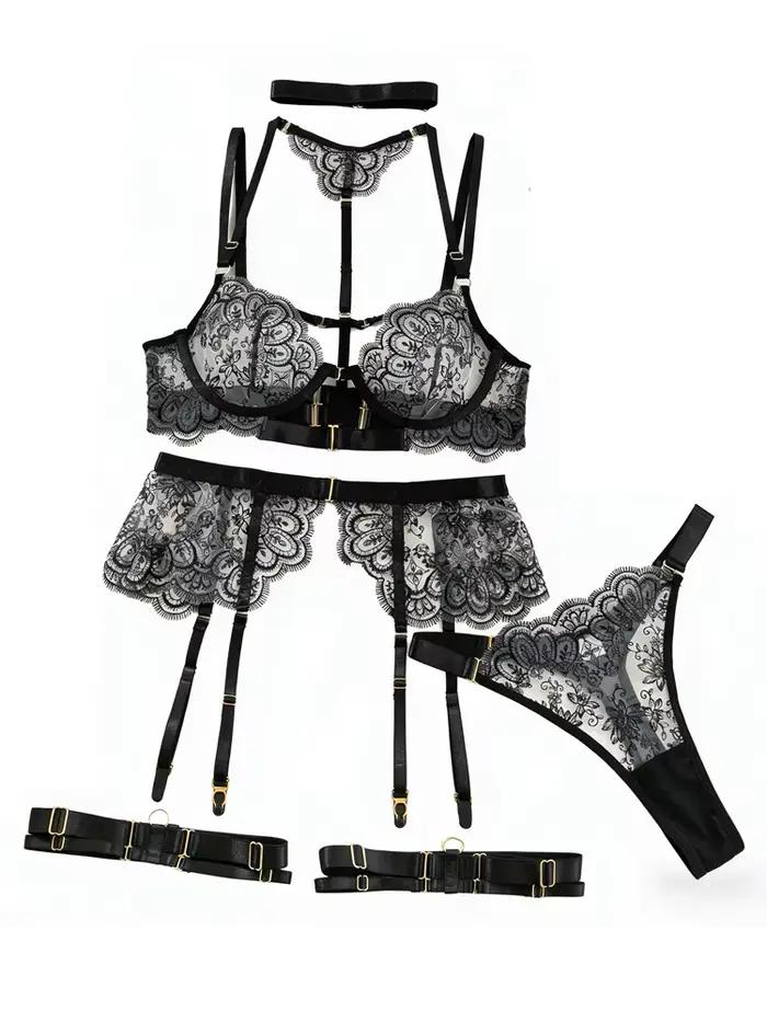 Ensemble de lingerie sculptante cinq pièces Belamimi 2026 pour femme, sexy, transparent, brodé, en dentelle à cils, collection érotique Onlyfan