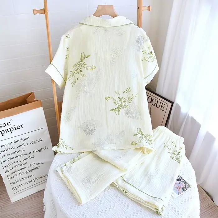Ensemble pyjama trois pièces en crêpe de coton pur pour femme, manches courtes fines + Short + pantalon Long, nouvelle collection printemps/été 2024, 100%