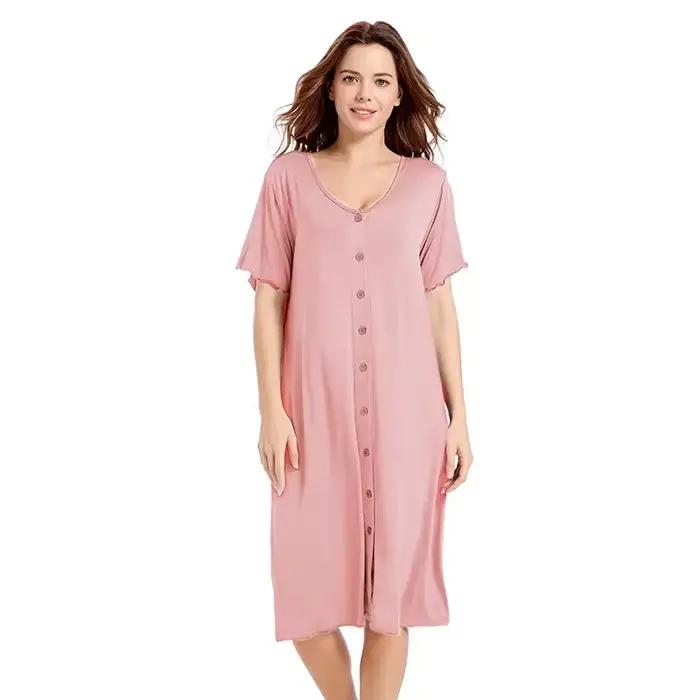 Robe de nuit d'été Sexy à manches courtes, avec boutons, mi-longue, confortable, lisse, en Viscose, vêtements de maison pour femmes