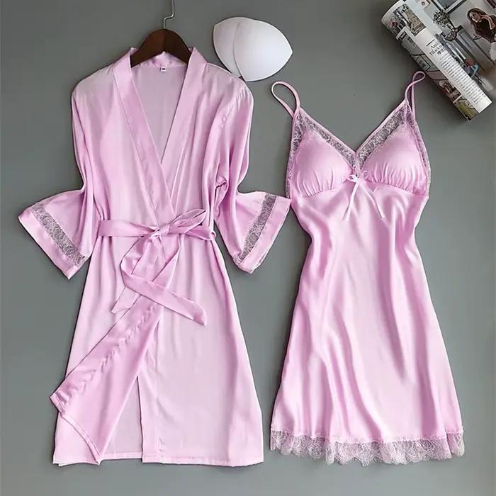 Pyjama en Satin de soie pour femmes, 2 pièces, Sexy, soyeux, ensemble de Robe, garniture en dentelle, bretelles, chemise de nuit, Kimono, peignoir, vêtements de nuit