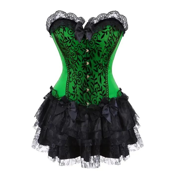 Čipkovaný večerný korzetový voľný sexy šaty pre ženy zelená Lingerie a čierna čipka mini sukňa Showgirl tanec S-2XL