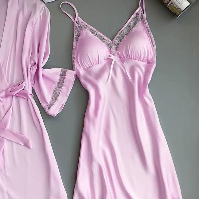 Pyjama en Satin de soie pour femmes, 2 pièces, Sexy, soyeux, ensemble de Robe, garniture en dentelle, bretelles, chemise de nuit, Kimono, peignoir, vêtements de nuit