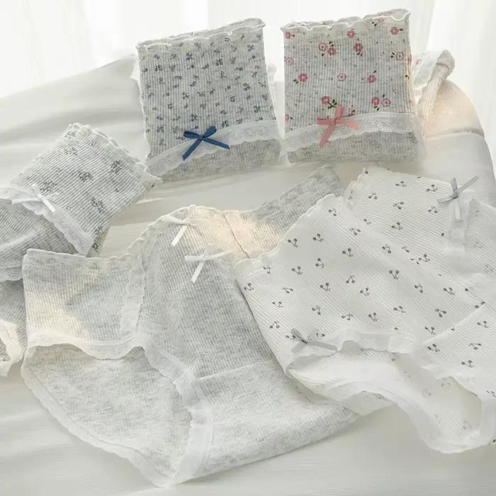 Doux fleur imprimé taille moyenne confortable fille culottes femmes slips mode nœud papillon caleçons été coton culottes intimes