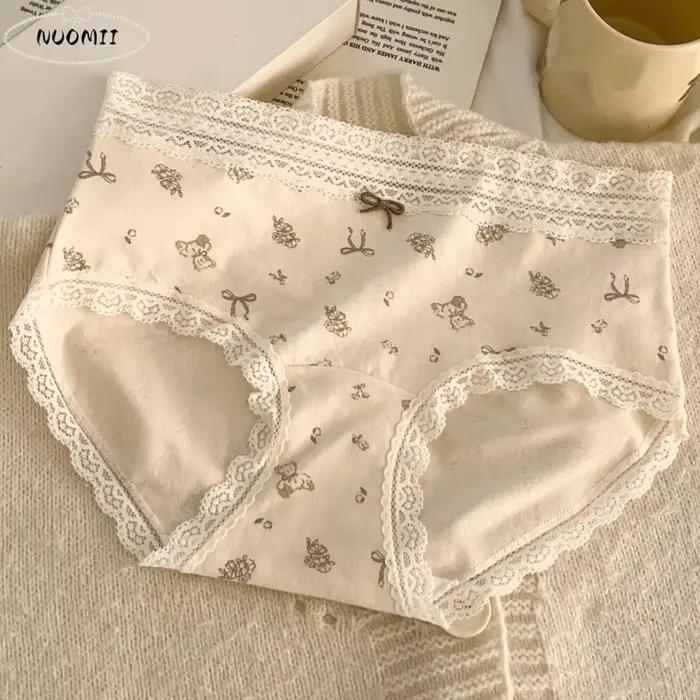 Culottes en coton à taille mi-haute en dentelle pour femmes, motif floral, ours et lapin, style doux, pour l'été