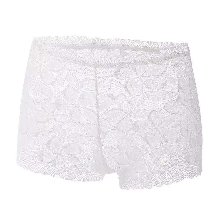 Culotte transparente taille moyenne en dentelle et maille florale ajourée pour femme, avec entrejambe en coton, anti-transparence, couleur unie