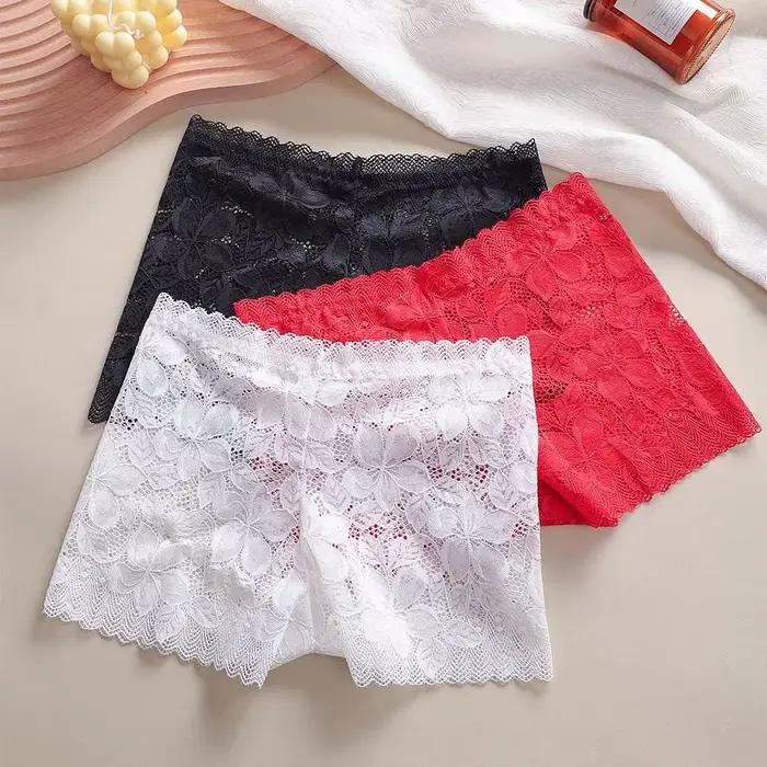 Culotte transparente taille moyenne en dentelle et maille florale ajourée pour femme, avec entrejambe en coton, anti-transparence, couleur unie