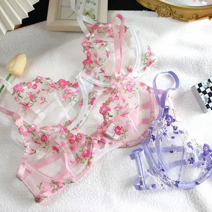 Lingerie pure et sensuelle pour filles, soutien-gorge en maille douce et sexy avec broderie florale super belle d'été, fleurs fraîches