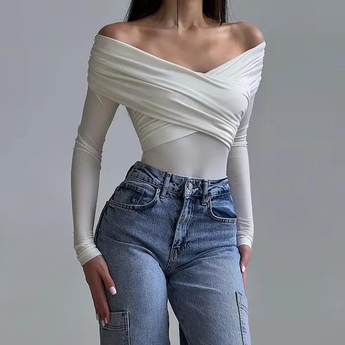 Nové body pre ženy Jeseň Sexy Odhalený chrbát Jednofarebný Korzet Priliehavý Móda Krížový Dlhé rukávy Ležérne Elegantné