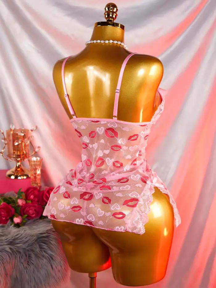 Femmes lèvres roses amour imprimé chemise de nuit Sexy dentelle arc adulte robe nuisette sexe robe de nuit et tongs ensembles de Lingerie tenues érotiques