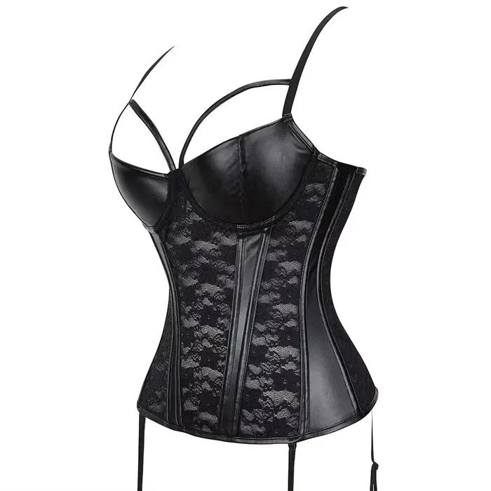 Corset en cuir et dentelle pour femme, haut rembourré, bretelles réglables, soutien-gorge de style punk, bustier push up, lingerie sexy, amincissant, spoeur de corps