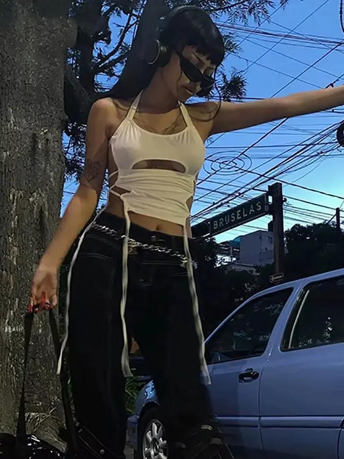 Y2K Sexy odhalený chrbát letný top krátky ženy 2025 biely bez rukávov obväzový lodičkový tielko Streetwear Cami 90s