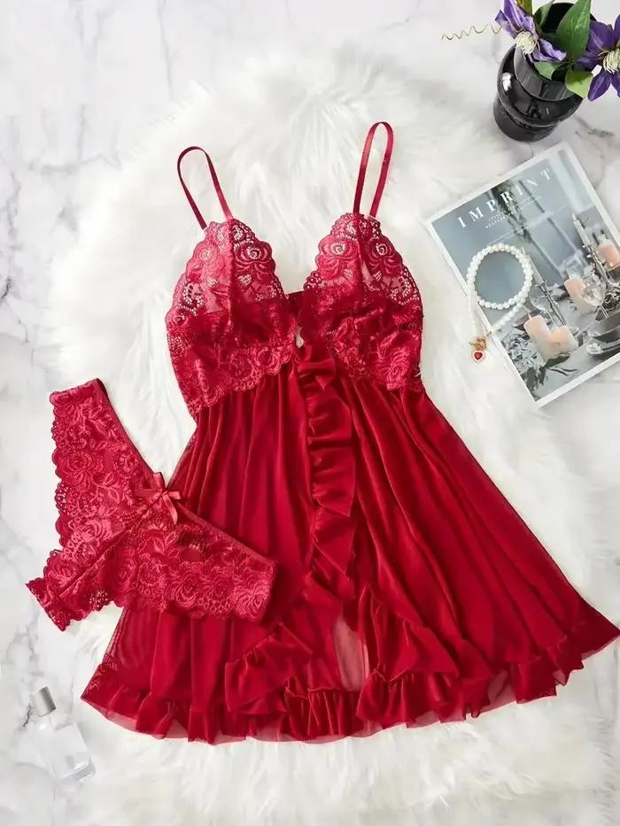 Femmes Chemise de nuit Sexy dentelle Chemise nœud Chemise de nuit vêtements de nuit solide mince robes douces col en V complet Slip vêtements de nuit et robes