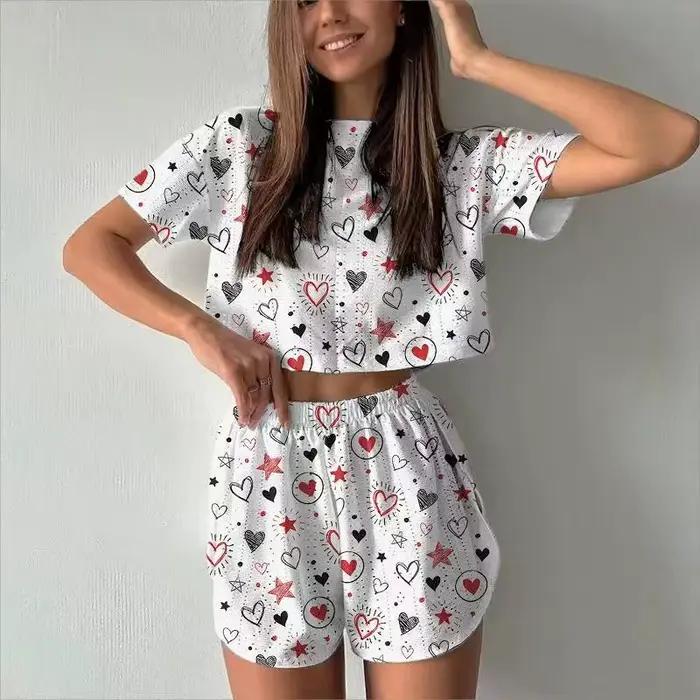 Ensemble pyjama deux pièces pour femmes, Short à manches courtes, imprimé Jacquard, mode d'été, ensemble de vêtements de maison