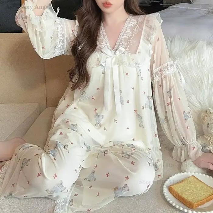 Nový jemný sieťovaný pyžamový set Sexy čipka princeznovský štýl ležérne nočné oblečenie s potlačou exkluzívne elegantné