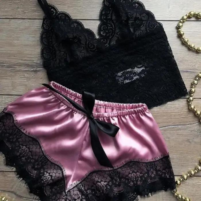 Sexy pyžamový set pre ženy 2-dielny Top Šortky Súprava Nočné oblečenie Čipkované pyžamo Spodná bielizeň