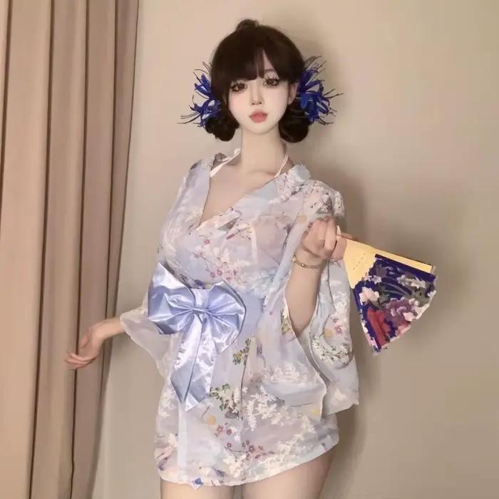 Nová nočná róba Kimono z potlačeného a vyšívaného šifónu s mašľou