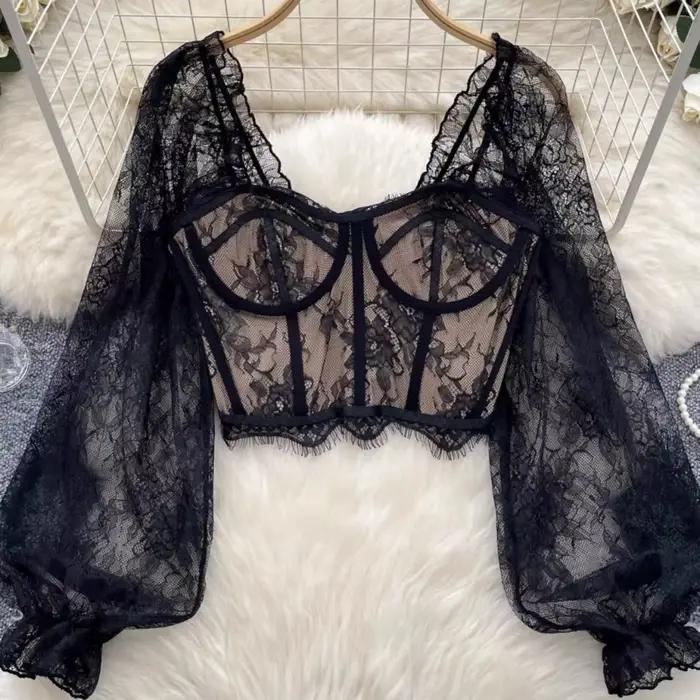 Corset en dentelle et maille pour femmes, débardeur à manches longues, haut court Sexy, mode de rue, Clubwear de fête, Camisole, tunique slim