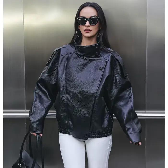 MUJER Dámska bomber bunda z umelej kože, čierna, oversized