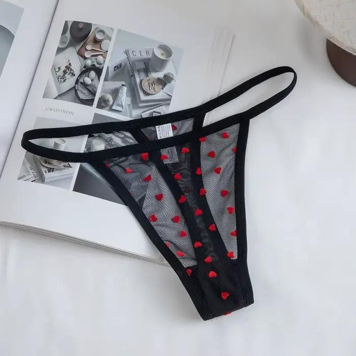 Lingerie String en résille transparente à motif cœur, à fines bretelles, taille basse