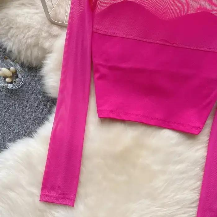 Dámske elegantné priesvitné sieťované patchworkové dlhé rukávy krátky top tenký sexy kórejský tričko módne okrúhly výstrih jeseň