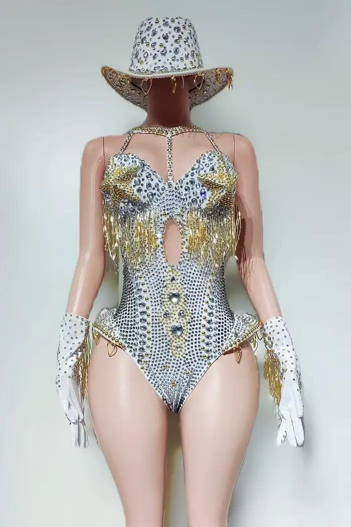 Ensemble 4 pièces haut de gamme avec strass pour femmes, tenue de Club, Cowboy, spectacle de fête, combinaison de carnaval, Showgirl, vêtements Sexy, Hongding