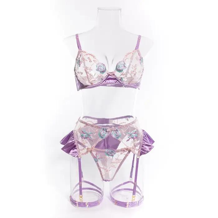 Ensemble de lingerie 3 pièces en dentelle brodée florale lilas, soutien-gorge transparent, porte-jarretelles, string à volants, sous-vêtements sexy pour femmes