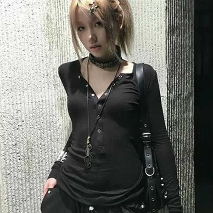 Tonngirls Y2K japonské tričko pre ženy s čipkovanými dlhými rukávmi s grafickou potlačou