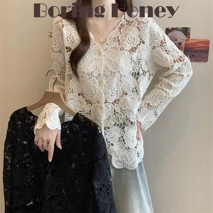 Boring Honey veľká veľkosť čipka háčkovanie výstrih do V košeľa s dlhým rukávom pre ženy módny všestranný elegantný