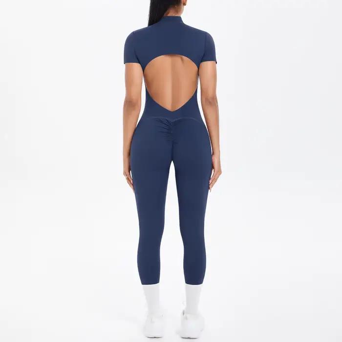 Sexy odhalený chrbát priliehavá Scrunch kombinéza zdvíha zadok ženy tanec Fitness overal Push Up s vankúšikom na prsia