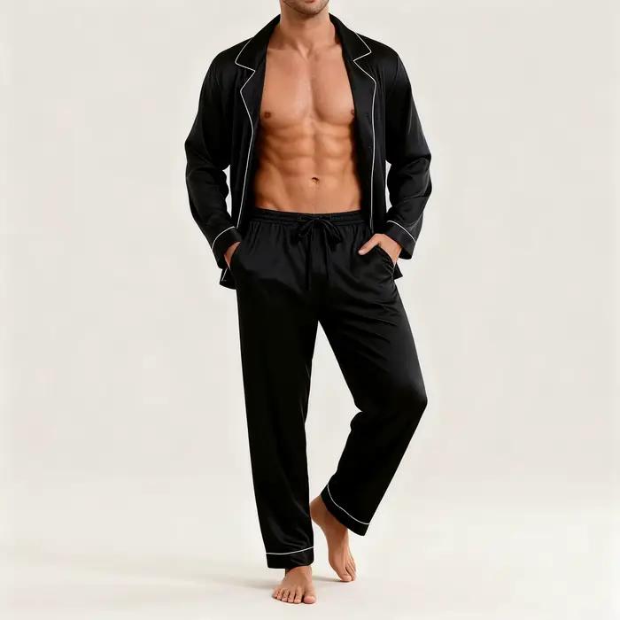 Ensemble de pyjama de luxe pour homme avec bordure contrastée, manches longues et pantalon à poches, pyjama confortable et ample pour homme, ensembles de vêtements de nuit