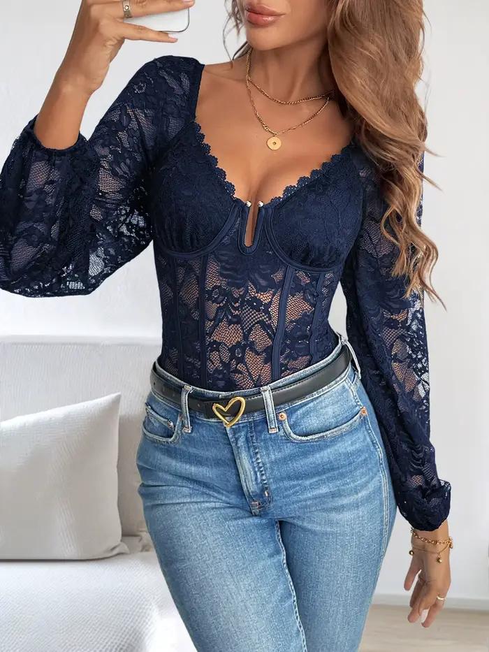 Nouveau Body en Dentelle Sexy pour Femme, Col en V, Bordure en Dentelle, Coupe Moulante, Haut Basique pour Superposition, Style Européen et Américain, Bodys pour Femmes