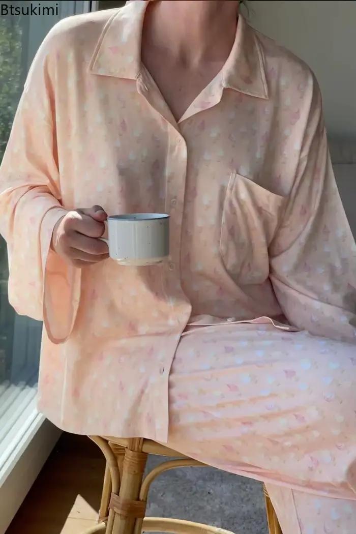Ensemble pyjama décontracté imprimé floral pour femmes, chemise à boutons à manches longues avec poche et pantalon ample à jambes larges, vêtements de nuit, 2026