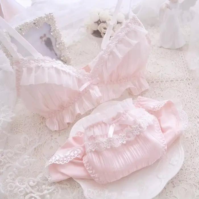 Kawaii pohodlná podprsenka a nohavičky set Lolita dievčenská mašľa bikinový set