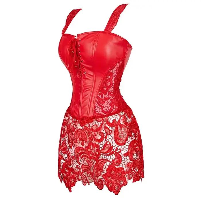 Steampunk korzetové šaty pre ženy gotické Sexy Umelá koža zips Bustier čipka sukňa čierna červená Korzet Clubwear