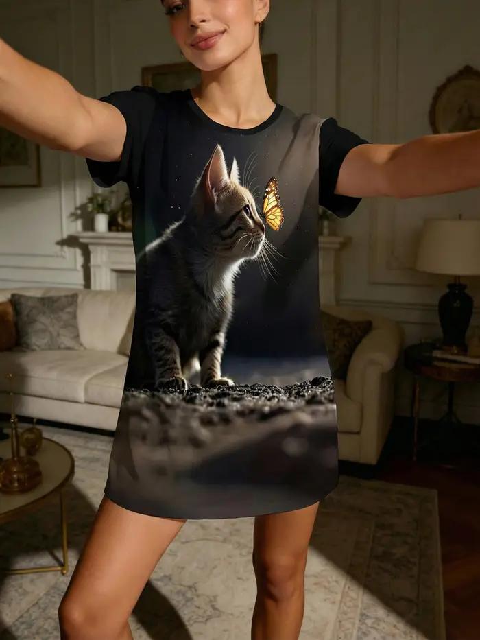 Chemise de nuit pour femmes, col rond, manches courtes, printemps-été, imprimé chat et papillon rêveux