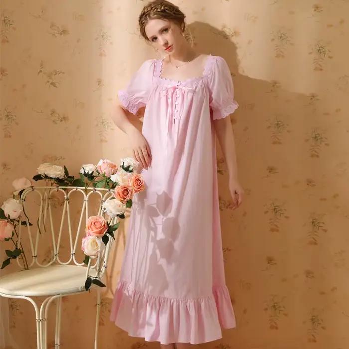 Robe pyjama de Style palais pour femmes, en coton, longue, Sexy, rétro, princesse française, manches courtes, couleur unie, vêtements de nuit, 2023