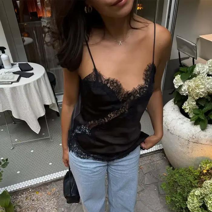 Dámske čierne čipkované topy so sexi odhaleným chrbtom