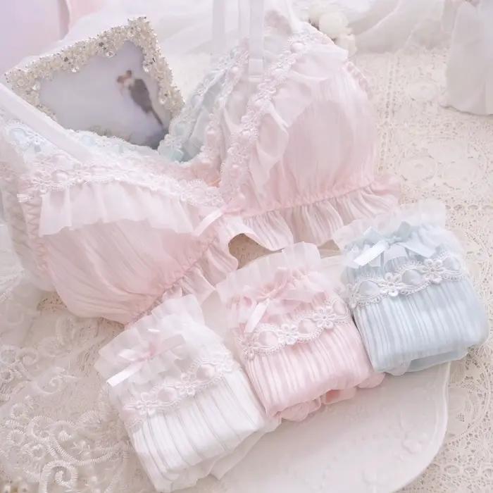 Kawaii pohodlná podprsenka a nohavičky set Lolita dievčenská mašľa bikinový set