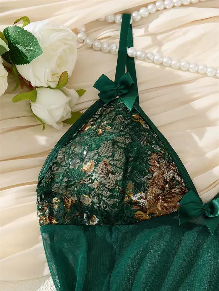 Pyjama pour femmes, vert foncé, en maille, vêtements de nuit, dentelle, nœud, robe de nuit, col en V, bretelles spaghetti, sans manches, mini robe de nuit