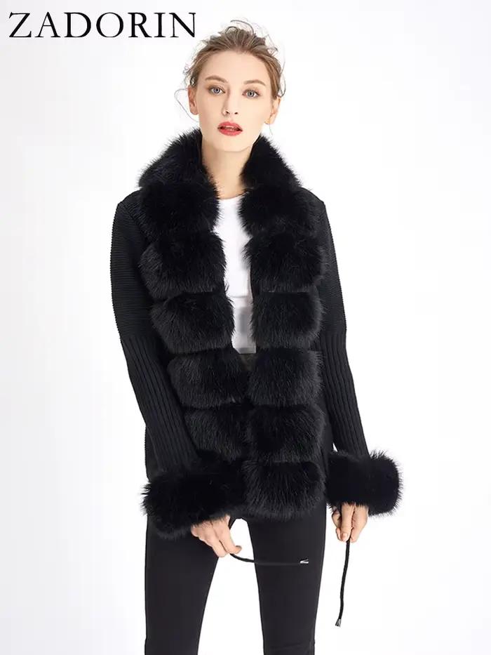 ZADORIN luxusný kožušinový cardigan pletený zimný sveter pre ženy elegantná odnímateľná kožušina opasok biela ružová