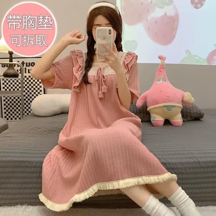 Chemise de nuit en coton grande taille avec coussinets de poitrine pour femme, pyjama de style princesse, vêtements de détente d'été à manches courtes, peut être porté à l'extérieur