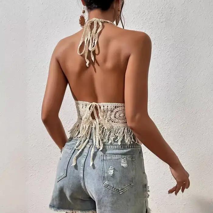 Dámske letné plážové Boho kultúrne topy Sexy Y2K pletené s odhaleným chrbtom tielka Háčkované strapce lem lano podprsenka