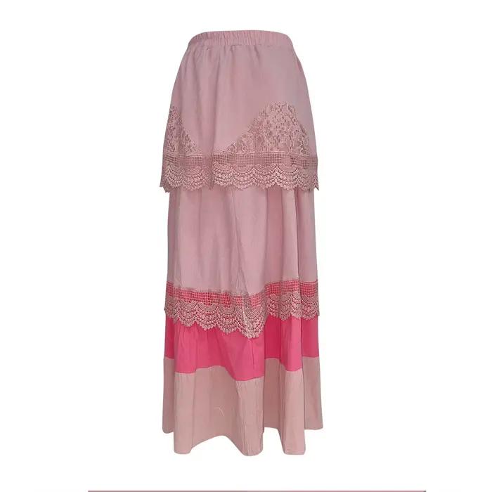 Jupe longue en dentelle pour femmes, style Boho, à plusieurs niveaux, filet évasé, boutons élégants, grande taille, en coton, nouvelle collection été 2024