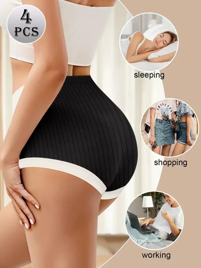 Culotte Taille Haute Confortable en Coton pour Femme, Couleurs Clashing, Forme et Lifting des Hanches, Respectueux de la Peau, Respirant, Mode, 4 Pièces