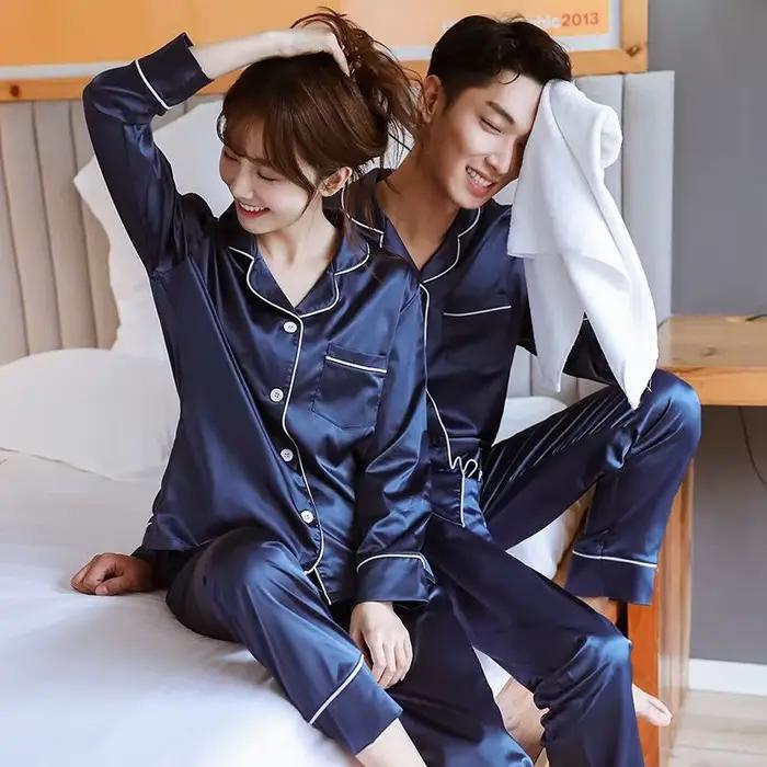 Pyjamas de couple en satin doux et confortables pour homme et femme, pour dormir ou se détendre à la maison, pour les saisons printemps, été et automne
