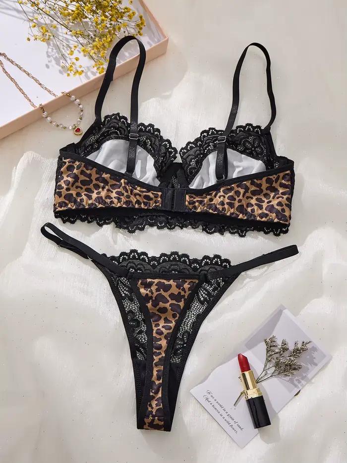 Sexy leopardový set čiernej farby - Priesvitná podprsenka - Trendová dámska bielizeň - Exkluzívne intímne oblečenie ZA825182