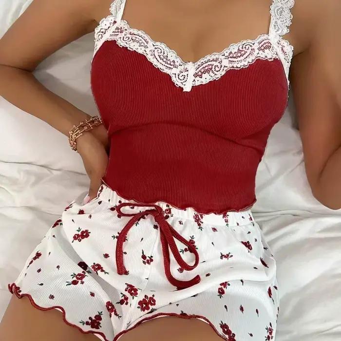 Dámske 2-dielne pyžamo ružová čipka Patchwork výstrih do V nočné oblečenie Sexy nočná košeľa Cami top s potlačou mäkké