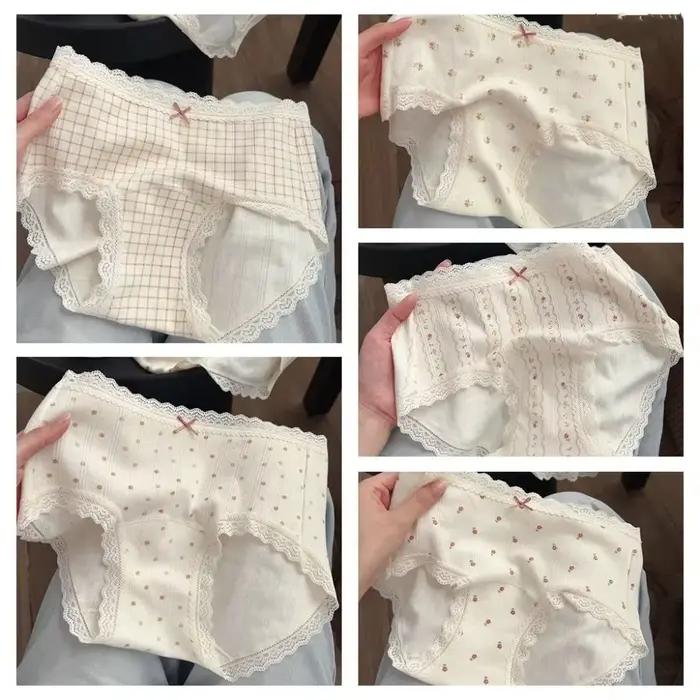 Culottes en coton à nœud floral, rayures et pois, lingerie pour femme, dentelle à carreaux, motif fleur douce, slips pour femme