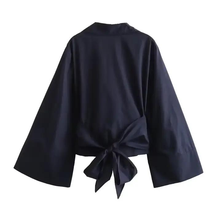 Blouse en coton et polyester décontractée à col en V pour femmes junior occasions printemps été bureau